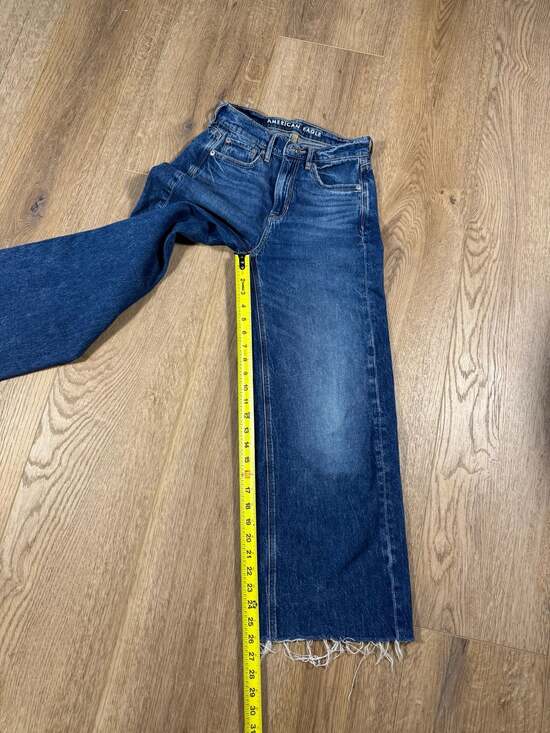 American Eagle Super High Rise Baggy Wide Leg Jeans Blue 00R Raw Hem Y2K - Picture 4 of 8